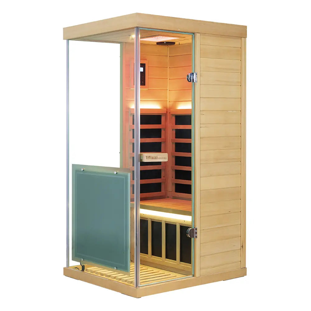 WizziSauna-Mini 1 Person Infrared Sauna 3 Sides Large Glass Panels-(Hemlock) - Left Door