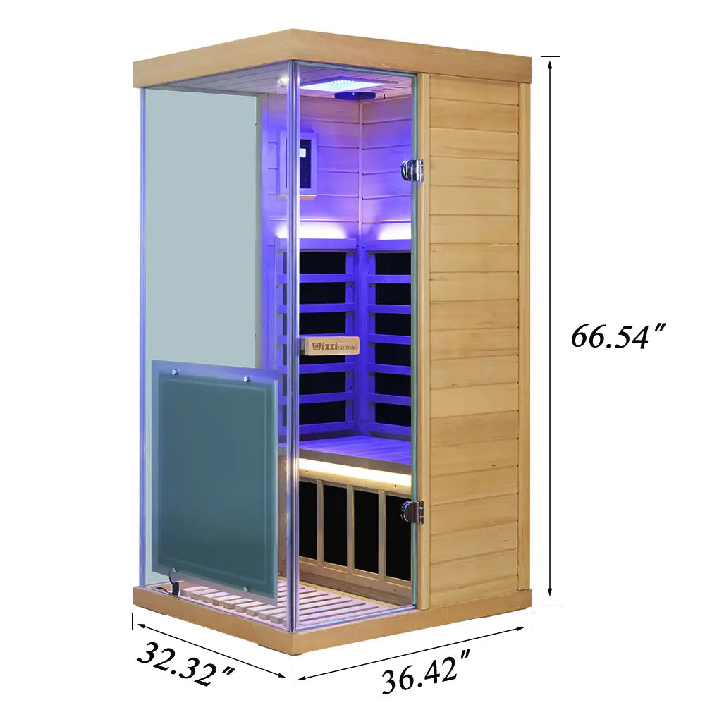 WizziSauna-Mini 1 Person Infrared Sauna 3 Sides Large Glass Panels-(Hemlock) - Left Door