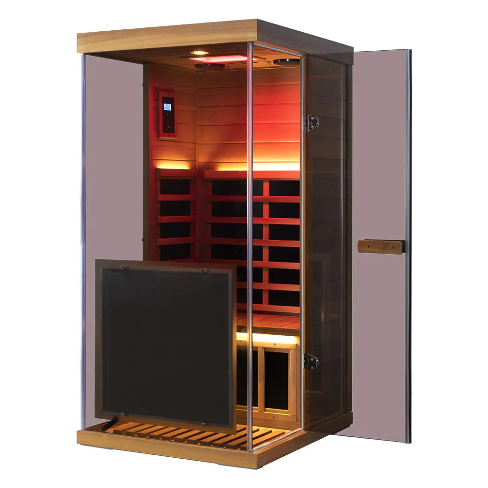 WizziSauna-Mini 1 Person Infrared Sauna 3 Sides Large Glass Panels-(Hemlock) - Left Door