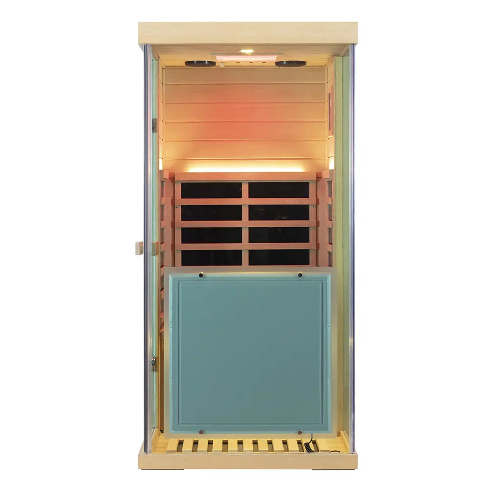 WizziSauna-Mini 1 Person Infrared Sauna 3 Sides Large Glass Panels-(Red Cedar)-Right Door