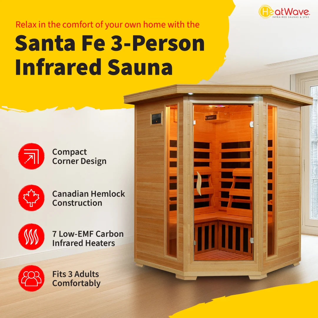 Santa Fe 3-Person Hemlock Corner Infrared Sauna with 7 Carbon Heaters