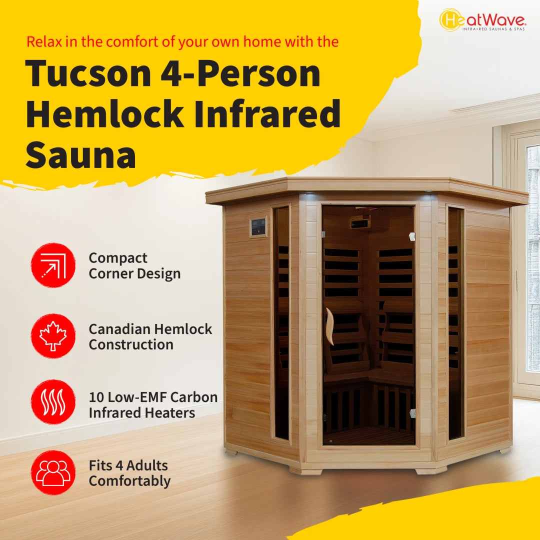 Tucson 4-Person Hemlock Corner Infrared Sauna with 10 Carbon Heaters
