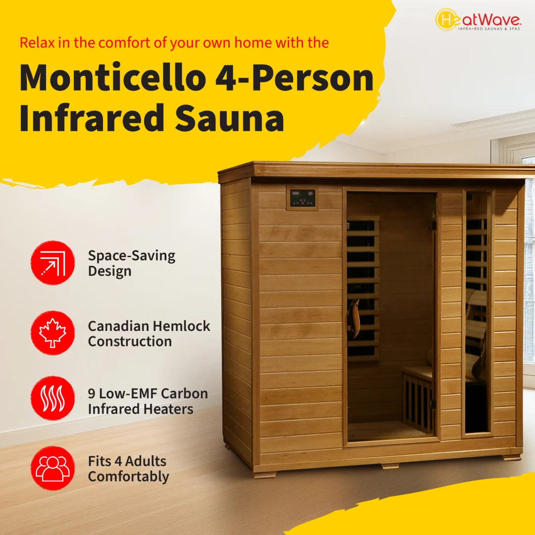 Monticello 4-Person Hemlock Infrared Sauna with 9 Carbon Heaters