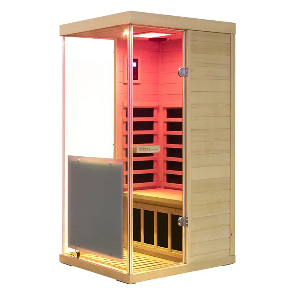 WizziSauna-Mini 1 Person Infrared Sauna 3 Sides Large Glass Panels-(Red Cedar) - Left Door