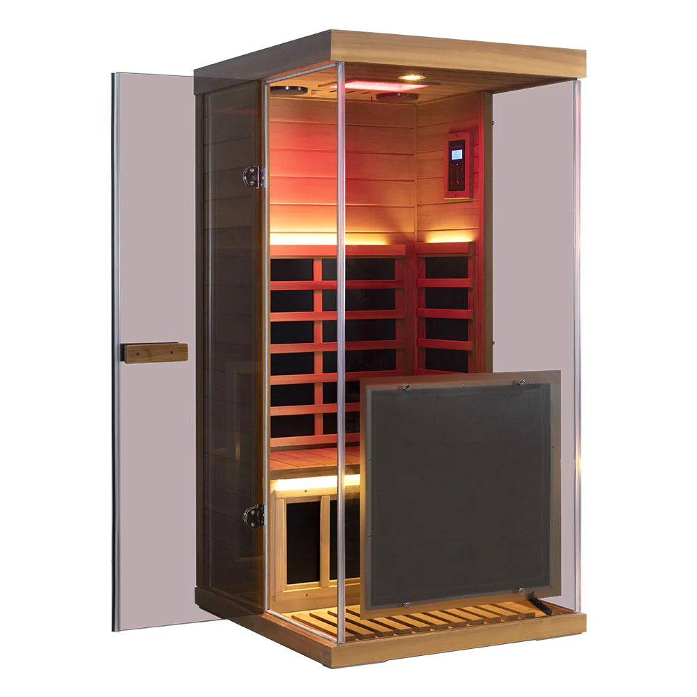 WizziSauna-Mini 1 Person Infrared Sauna 3 Sides Large Glass Panels-(Red Cedar)-Right Door