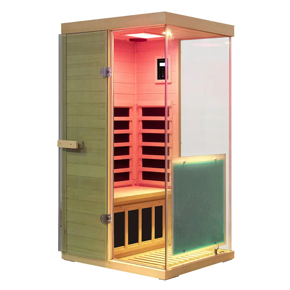 WizziSauna-Mini 1 Person Infrared Sauna 3 Sides Large Glass Panels-(Hemlock)-Right Door