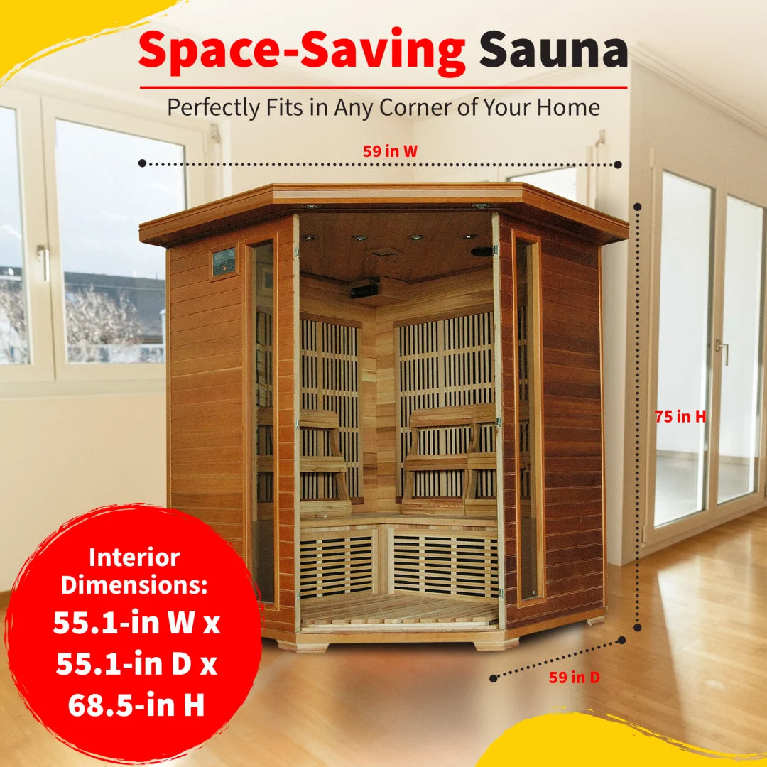 Whistler 4-Person Cedar Corner Infrared Sauna with 10 Carbon Heaters