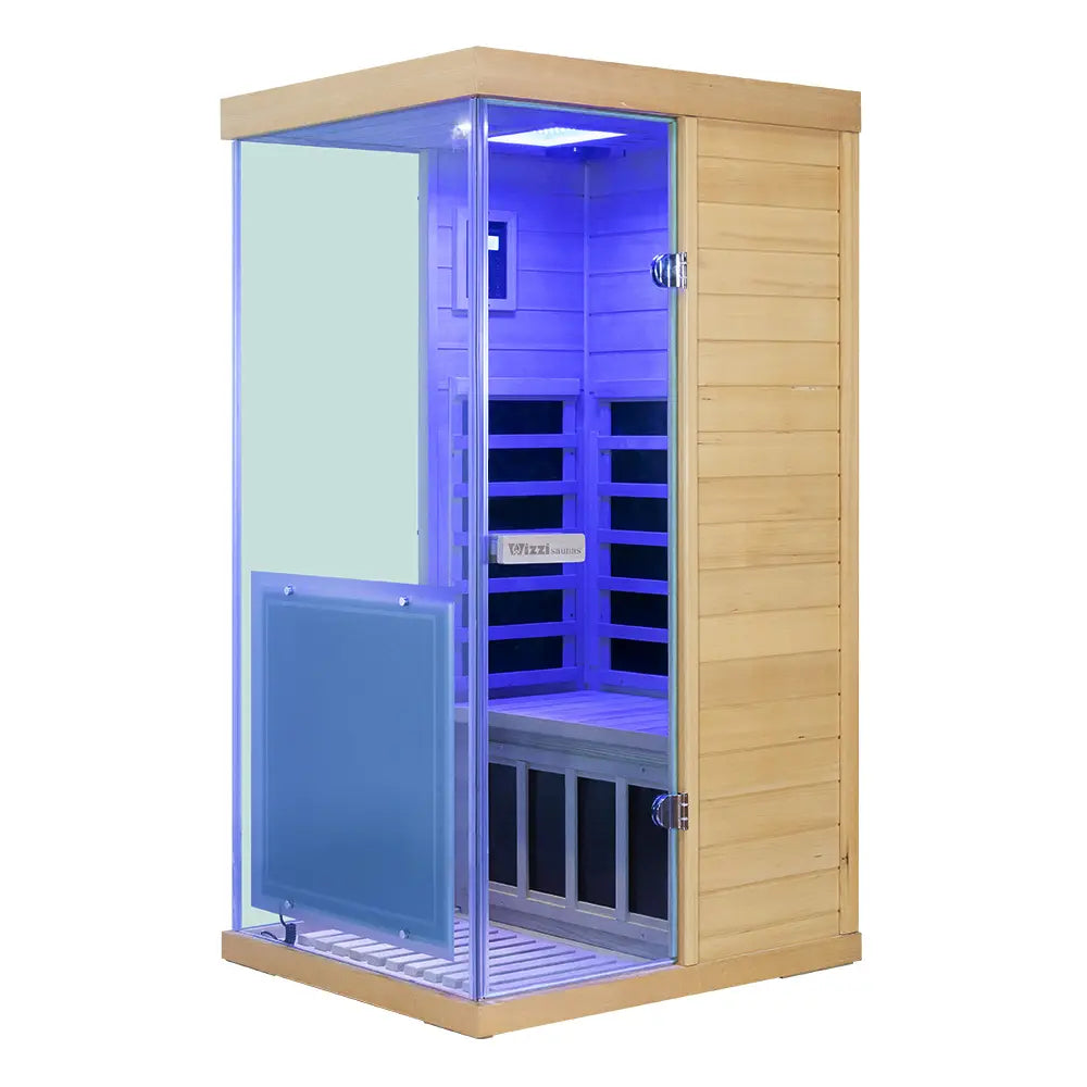 WizziSauna-Mini 1 Person Infrared Sauna 3 Sides Large Glass Panels-(Hemlock) - Left Door