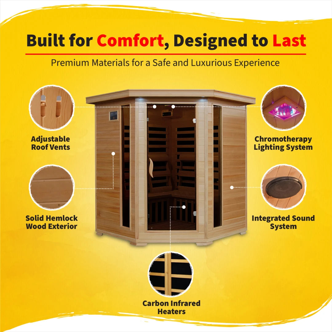 Tucson 4-Person Hemlock Corner Infrared Sauna with 10 Carbon Heaters