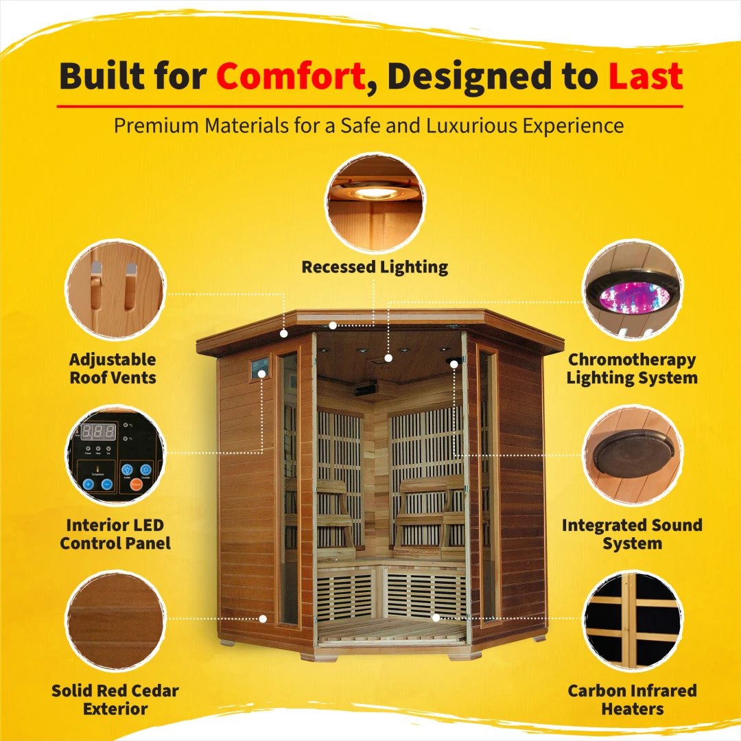 Whistler 4-Person Cedar Corner Infrared Sauna with 10 Carbon Heaters